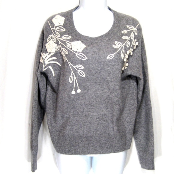Tahari Embroidered Shoulders 100% 2ply Cashmere Crew Neck Sweater Grey - Picture 8 of 8